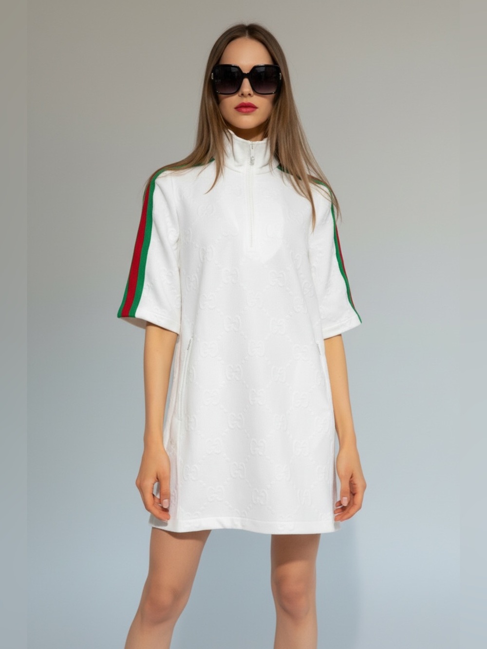 Gucci White Mini Dress with Red & Green Sleeve Stripes